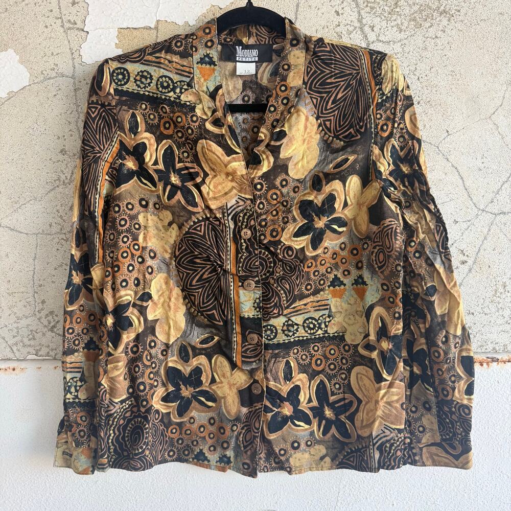 Vtg Blouse 90s Rayon Artwear‎ Tribal Print Top Made in USA Womens M Batik Jacket
